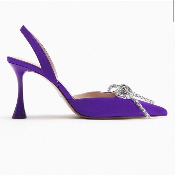 ZARA 💜 EMBELLISHED RHINESTONE BOW HEELED SLINGBACKS-  Size 9 Purple 🔥 - Picture 6 of 13